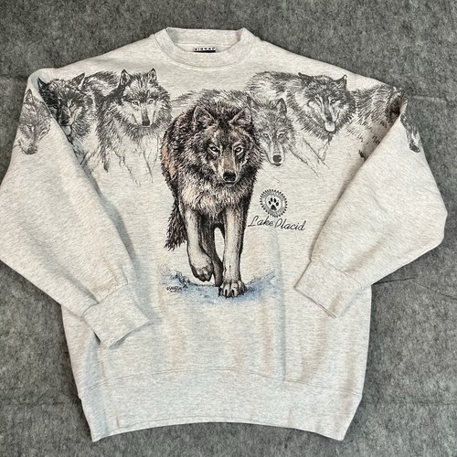 Vintage 90's San Segal Wolves Sweatshirt Large Gray Wolf Lake Placid USA 1993