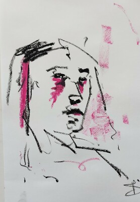 VIVEK MANDALIA Original Öl auf Papier Gesicht Portrait Zeichnung 12x8'' A4 SAMMLERSTÜCK 