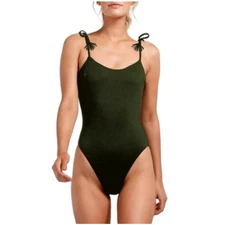 California Waves Junior Solid Moss Green Ribbed 1-Piece Swimsuit NWT Large