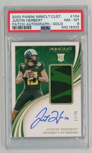 2020 Justin Herbert RC #104 Immaculate Collegiate 2-Color RPA Gold #12/25 PSA 8