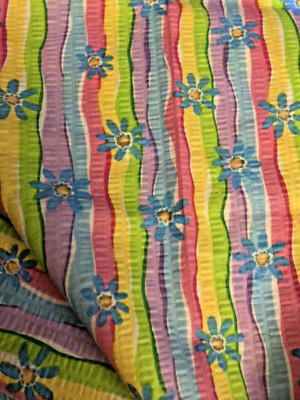 Rainbow Stripe with Blue Daisies Pucker Print Cotton REMNANT 45''X 12 ½ PLUS