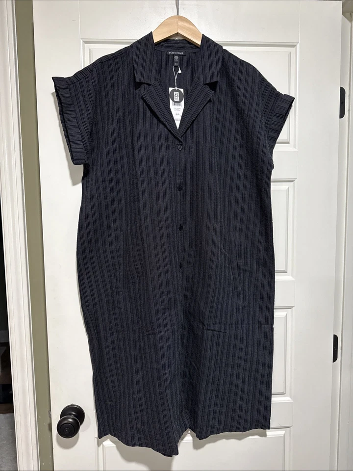 NUEVO CON ETIQUETAS Vestido Camisa Eileen Fisher Grande Negro Algodón Orgánico Muesca Cuello Bolsillos L Foto 2 de 4