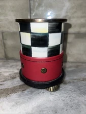 MacKenzie Childs Courtly Check Pen & Pencil Holder Cup Leather & Enamel