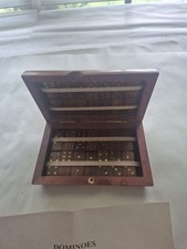Vintage Wooden Domino Set   28 Double-Six Tiles with Brass Inlay in Wooden Case