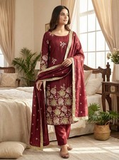 New Launching Organza Poly Silk Maroon Salwar Kameez With Dupatta For Women