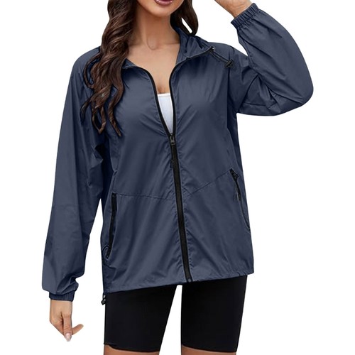 Water Resistant Windbreaker With Pockets Women Long Sleeve Zip Up Packable Coat - Picture 14 of 38