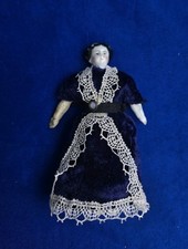Antique 3.5" China Head Dollhouse Doll Bisque Limbs Velvet Dress Germany c19th