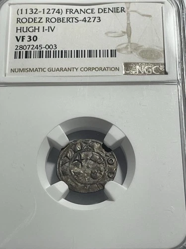 France AR Denier 1132-1274 AD RODEZ ROBERTS-4273 HUGH I-IV NGC VF30