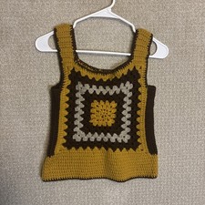 Vtg 1970s Handmade Crochet Vest Tank Cropped Yellow Brown Granny Square Small