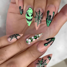 Halloween Press On Nails Almond Medium Fake Nails With Green Spide Web Manicure