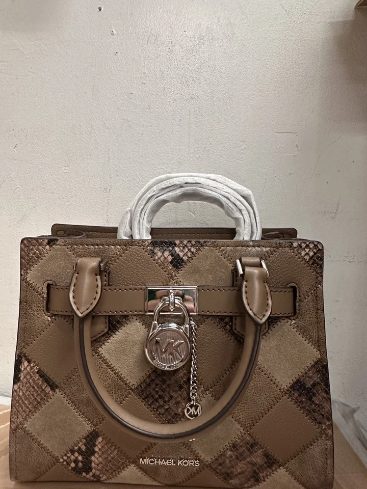 NWT Michael Kors Hamilton Small Patchwork and Snake Embossed Satchel Driftwood - Image 3 of 4