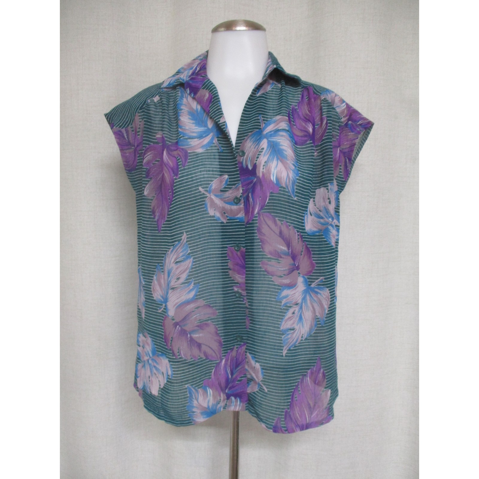 Teal blue purple floral sheer short sleeve button up collared blouse top-image