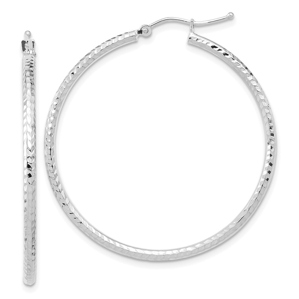 10k White Gold Diamond-cut 2mm Round Tube Hoop Earrings L-40 mm, W-40 mm