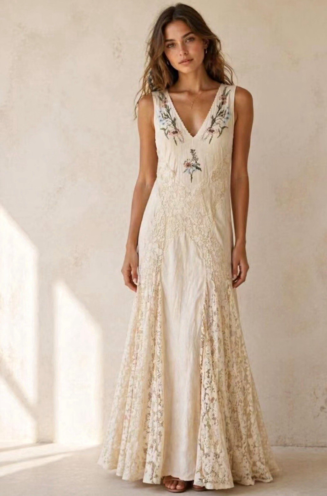 Zara Magnolia Stunning Embroidered Beaded V-Neck Maxi Dress Size S NEW