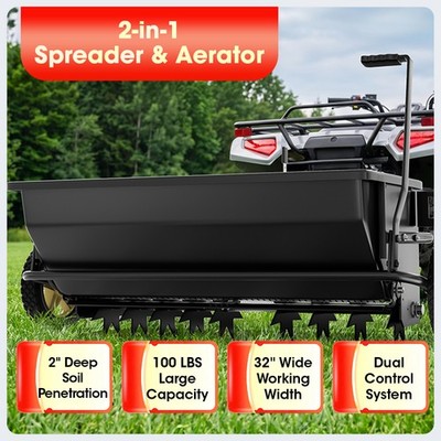 32 Inch Lawn Spreader with Aeration Spikes Tow Behind  for ATV UTV Tractor New