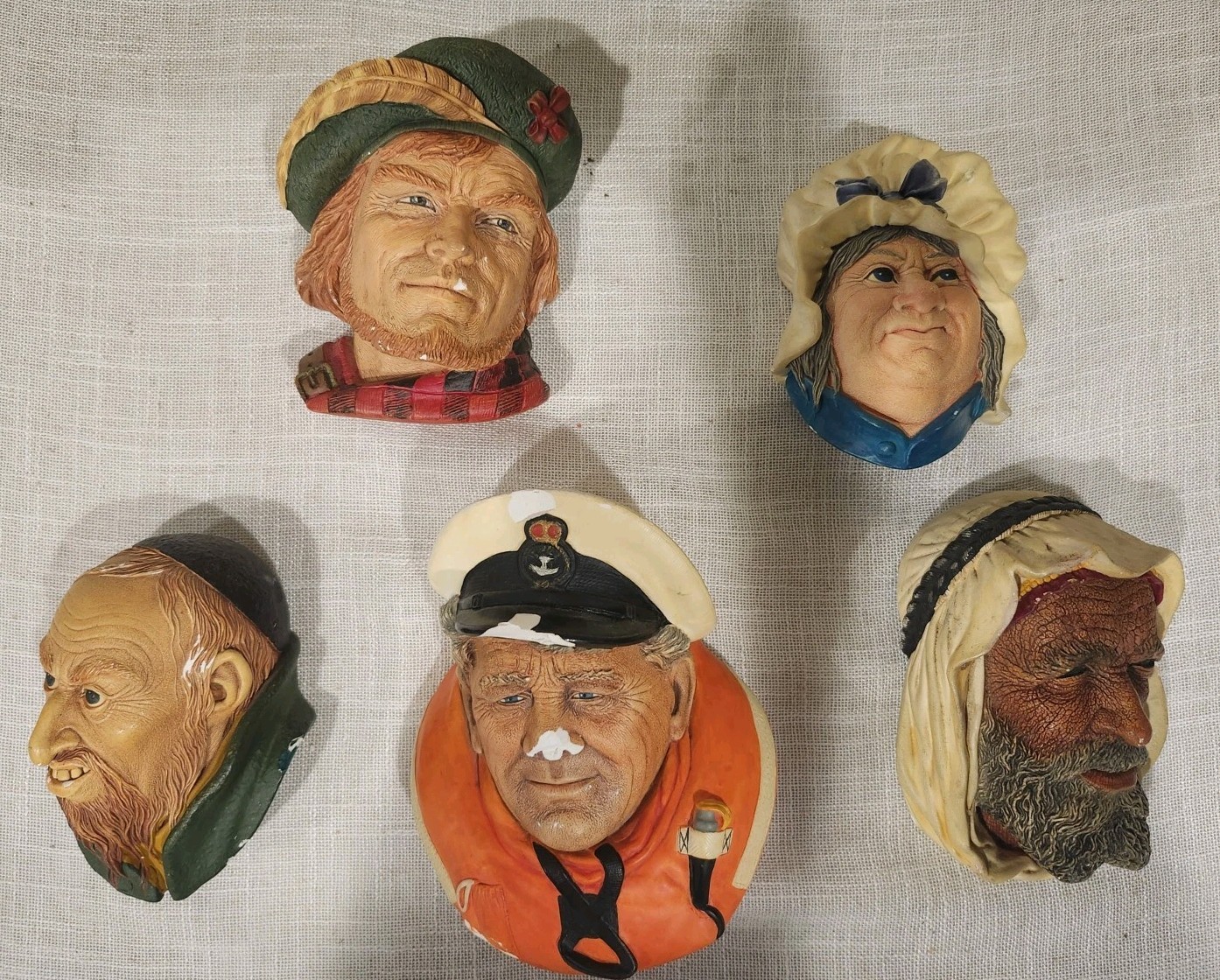 Bosson Chalkware Head Lot of 5. Rob Roy, Sarah Gamp, Captain. Vintage