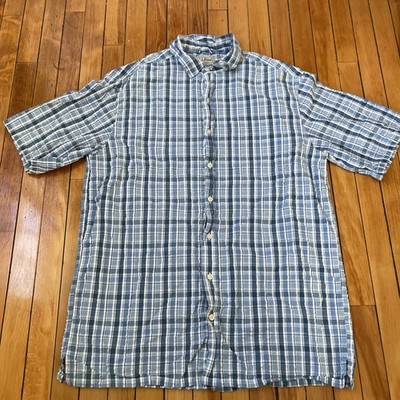 LL Bean Button Up Shirt Mens M Tall Blue Gingham Lightweight Short Sleeve