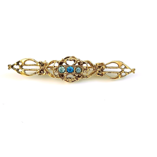 1928 Gold Filigree Bar Brooch. Collar Pin with 3 Blue Stones Made in USA for Mom - Picture 2 of 5