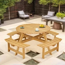 8-Person Outdoor Round Wooden Picnic Table w/4 Built-in Benches & Umbrella Hole