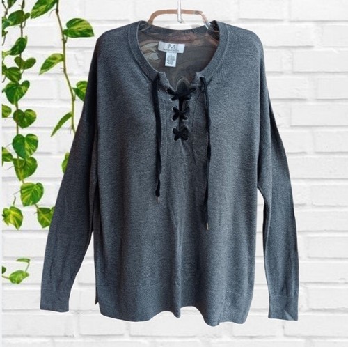 Magaschoni Women's Size L Knit Top Long Sleeves Lace Up Front Cashmere Blend - Picture 15 of 15