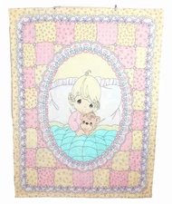 PRECIOUS MOMENTS Baby Crib Double-Sided Quilt Blanket  34"x43" Girl & Teddy Bear