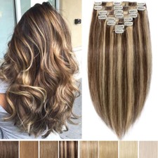 Thick Clip in Hair Extensions Remy Human Hair Full Head Double Weft Highlight US