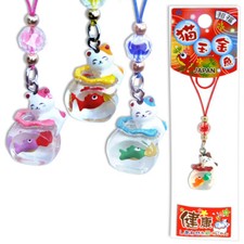 Japanese Netsuke Phone Chain Charm Maneki Neko Cat with Goldfish Made in Japan