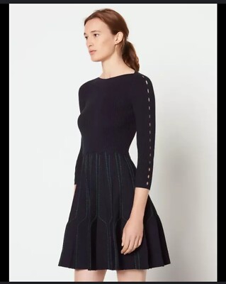 Sandro Woman Pointelle And Scallop-Trimmed Ribbed Ponte Blue Dress Petrol Sz 36