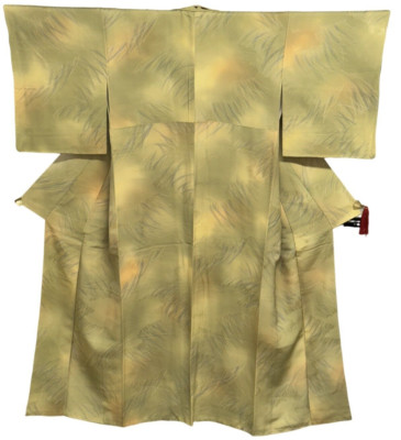 Japanese Vintage Kimono Silk beige yellow green Expensive Tradition  Heigh 61in