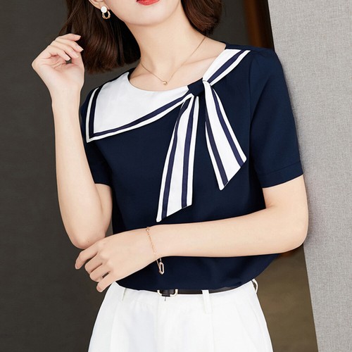 Ladies Chiffon Asymmetric Sailor Collar Top Shirt Short Sleeve T-shirt White - Picture 8 of 14