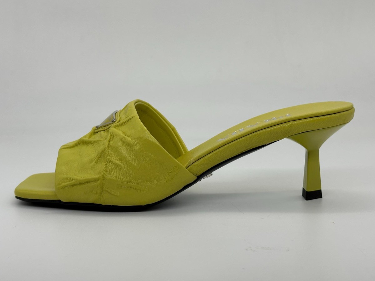 PRADA Signature Logo Antique Crinkled Leather Mules Sandals