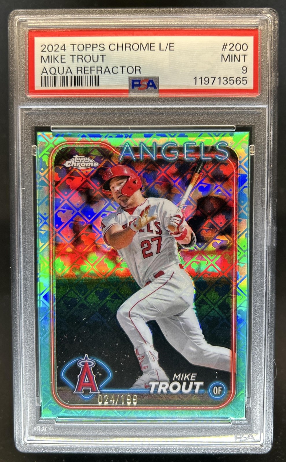 2024 Topps Chrome Logofractor Mike Trout Aqua MLB Refractor #/199 Angels PSA 9