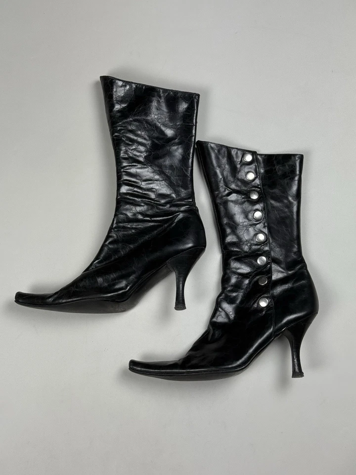 Botas de salto Buffalo London femininas Y2K couro até o joelho panturrilha média tamanho 39 EUA 9 - Imagem 3 de 4