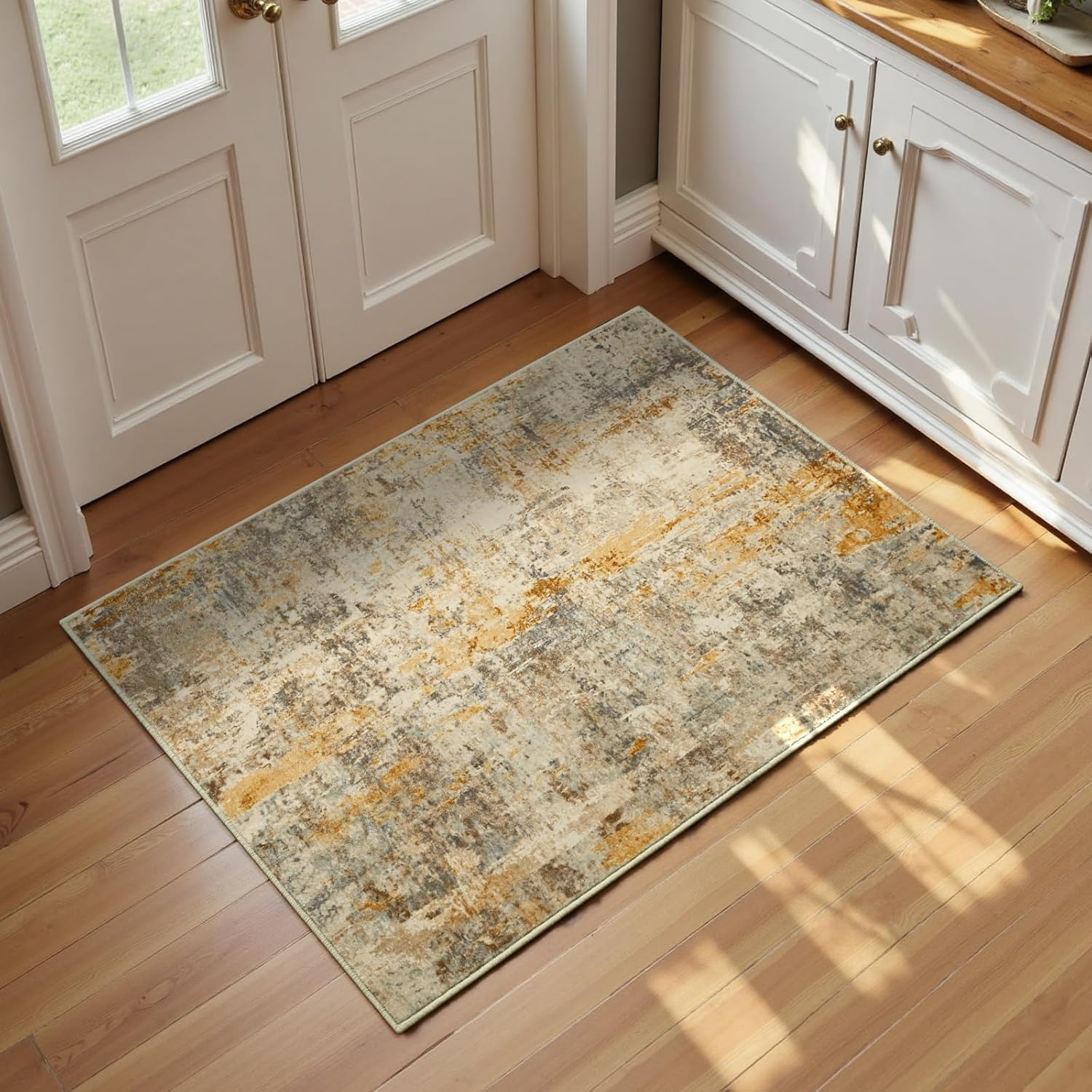 Entrance Rugs Indoor 2X3 Beige Entry Rug Washable Abstract Small Area Rug Non-Sl