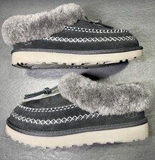 UGG Womens Tasman Alpine Slippers Suede Black Gray Sheepskin Collar Size 6