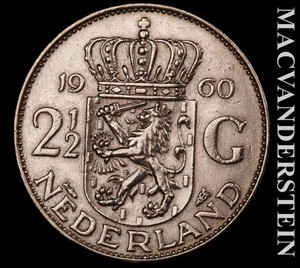 Netherlands: 1960 Silver 2.5 Gulden - Scarce  High Grade  Lustrous  #L7756