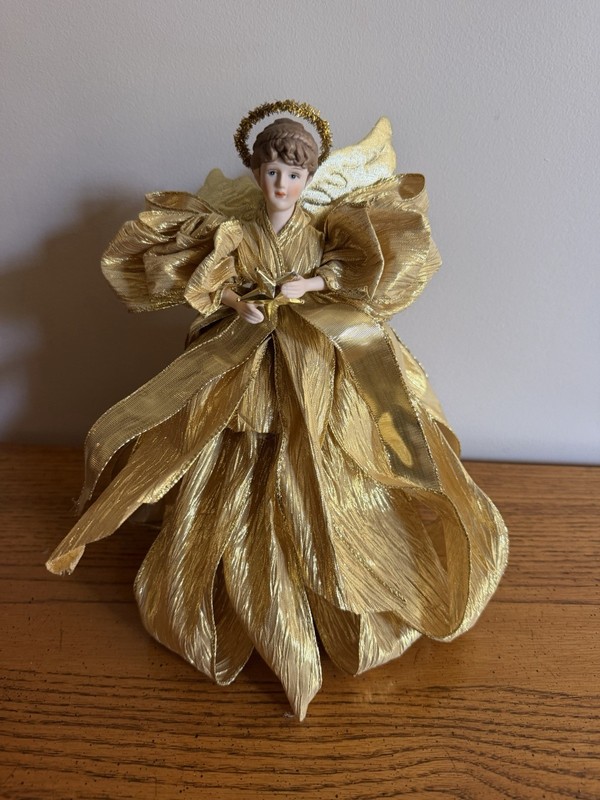 Vintage Gold Angel Christmas Tree Topper Porcelain Fabric Holiday 12"
