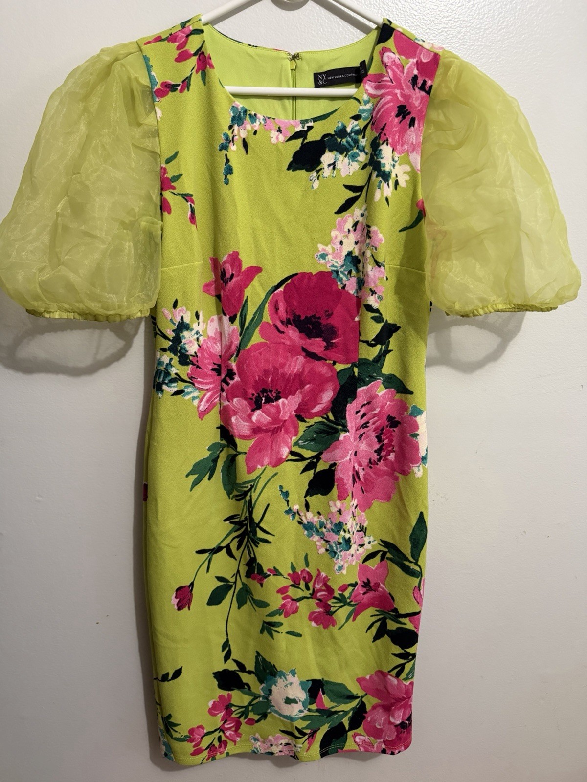 New York & Company Women's Floral Puff Sleeve Sheath Dress Organza M