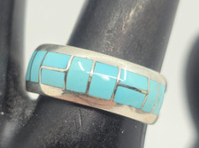 Native American Turquoise Inlaid Sterling Silver Ring Band Size 8