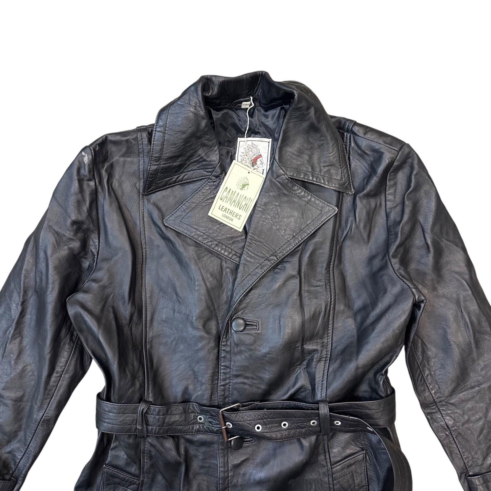 Vintage Camanchi Leather Trench Coat Black Unisex Large Made In UK Deadstock NWT image 3
