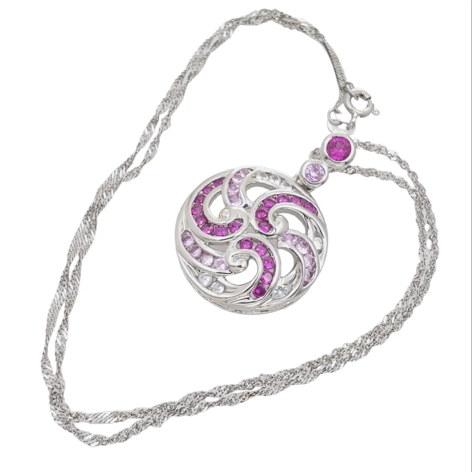 Collar Colgante Rosa Claro Y Rojo Zafiro Laboratorio Rodio Sobre Esterlina Como Nuevo Foto 4 de 4