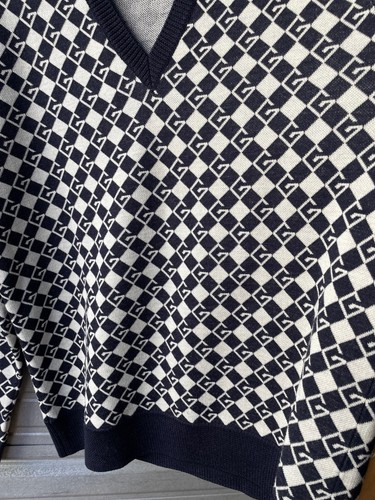 GUCCI G Logo Checkered Ribbed V Neck 100% Wool Sweater Men's Size 2XL ITALY - Picture 8 of 22