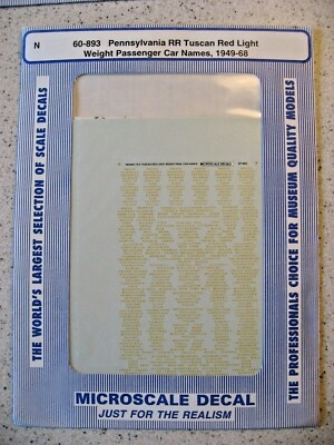Microscale Decal N 60-893 Pennsylvania RR Tuscan Red Light Passenger Car Names  