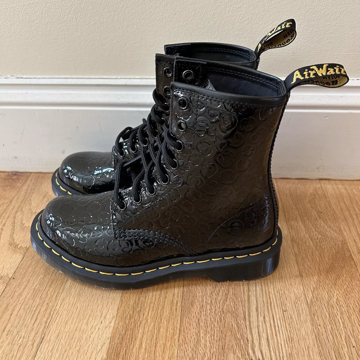 Dr. Martens 1460 Boots Black Patent Leather Lamper Leopard Embossed Women  Size 5