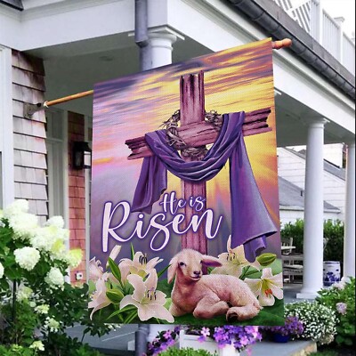 Christian Easter He is Risen Religious Cross Lamb Lily Flower  Double-sided Flag