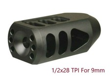 Black Low Concussion Muzzle Brake Tanker Style 1/2x28 TPI for 9mm