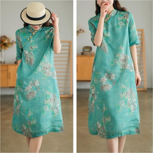 Lady Chinese Ethnic Dress Floral Bamboo Printed Qipao Retro Casual - Picture 5 of 14