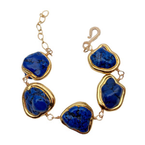 Authentic Deep Blue Turquoise Freeform Shaped With Gold Plated Bezel Beaded Bracelet
