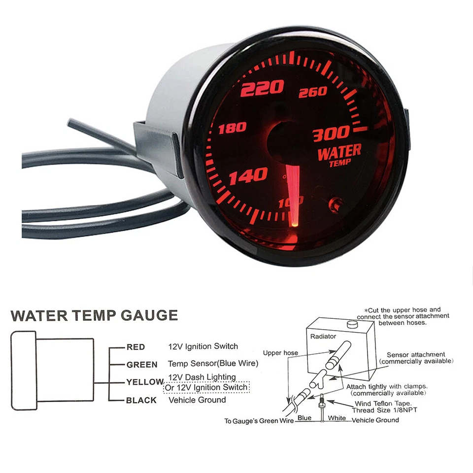 Water Temp Gauge Meter 2"-1/16" 52mm 7 Color Tinted 100-300℉ W/1/8 NPT Sensor - Image 4 of 4