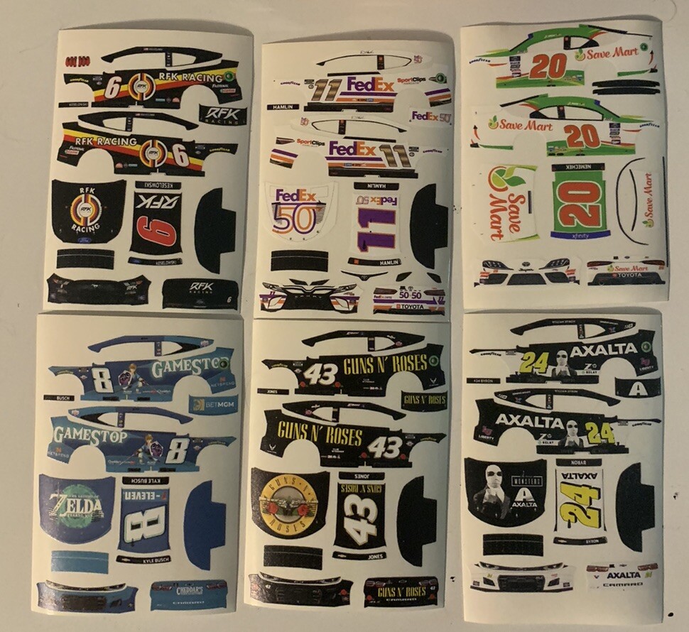 6 Custom NASCAR 1/64 Scale Peel & Stick Decals Bundle